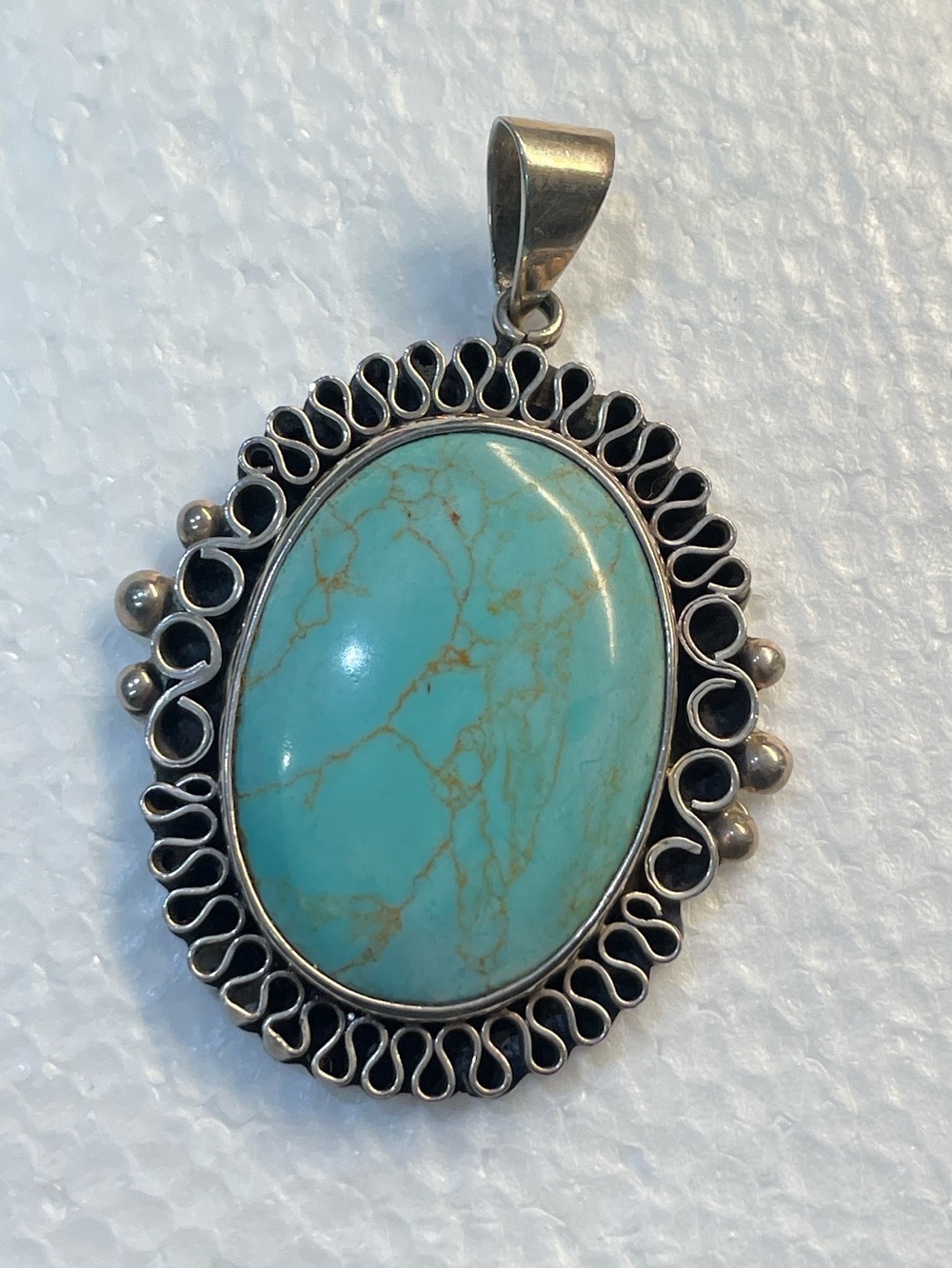 Sterling Silver & Turquoise Large Oval Pendant Mexico 33.3gm Signed